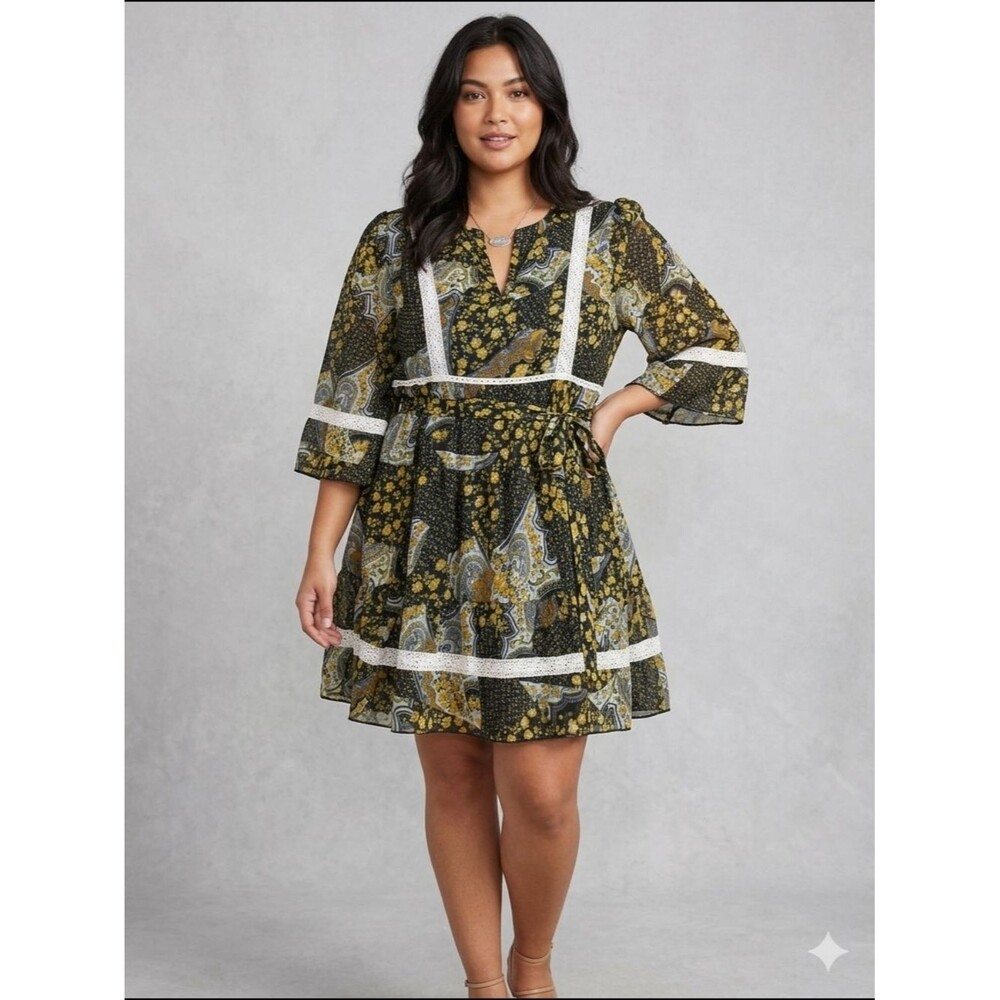 Ali & Kris Womens Boho Floral Paisley Tiered Mini Dress Blue Yellow Size M